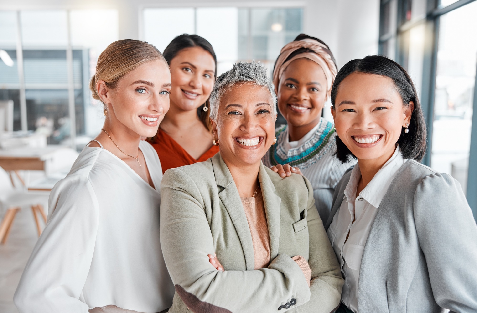 Diversity, portrait selfie and business women teamwork, global success or group empowerment in office leadership.